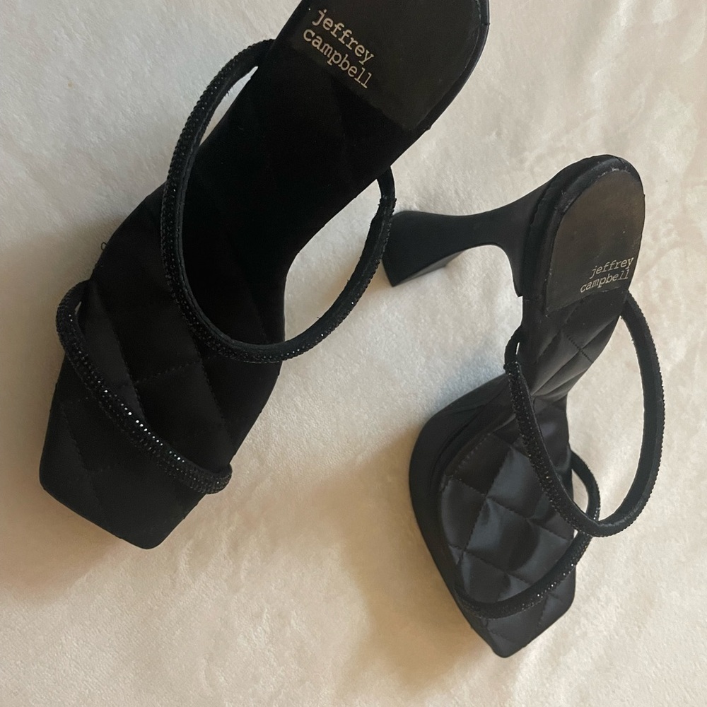 Jeffrey Campbell Black Sparkly Quilted Women's Square Toe Sandal Heels - Picture 3 of 10